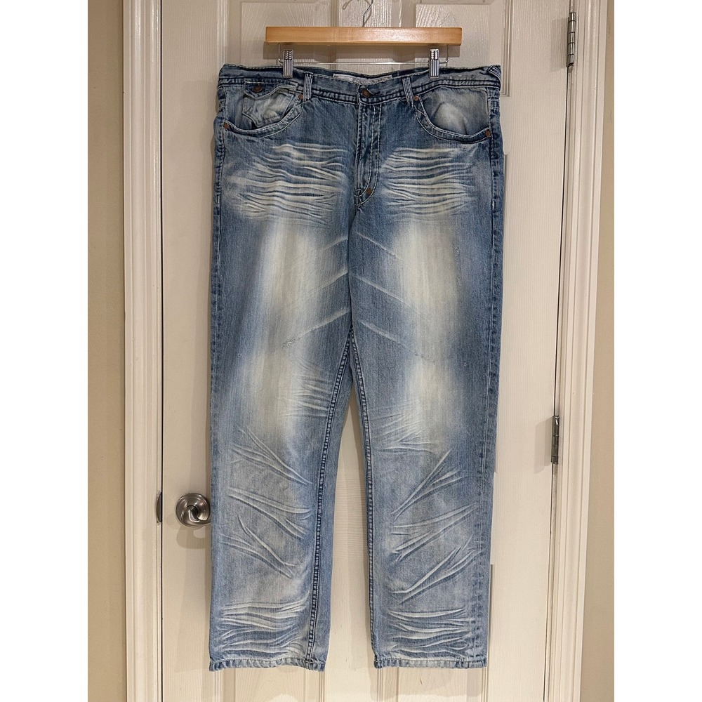 Akoo Mens Light Wash Embroidered Back Pocket Straight Leg Denim Jeans Size 40